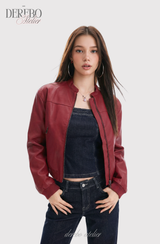 burgundy cropped wide leather jacket