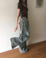 Binden Side Pintuck Back Pocket Wide Denim Pants