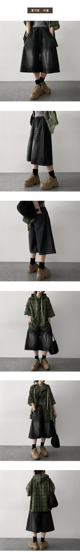 [Basic & long] Ichi banding side pintuck pleated denim Bermuda shorts