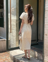 26SS★ Ruckbell Square Neck Embroidered Tulip Pintuck Long One Piece