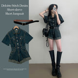 Dello stitch denim short sleeve short jumpsuit