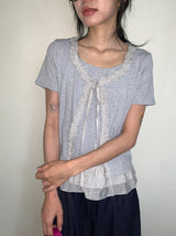 Pokapo Frill Layered Ribbed Short Sleeve Cardigan
