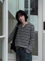 ウーバーストライプヘンリーネック長袖Tシャツ