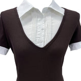 Cafe レイヤードピンタックシャツ ブラウン 半袖Tシャツ (Brown)