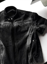 V-shaped cropped denim biker jacket