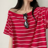 Watt Unfooted Off Shoulder Stripe Boxy Fit Short Sleeve