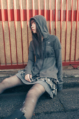 Stripe babydoll hoodie zip-up (Charcoal)