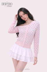 Pink dot unbalanced shoulder top