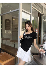 アンバランスオフショルダーパールビーズレイヤードTシャツ
