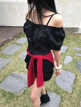 Lovely Note Two-Way Square Neck Off Shoulder Ribbon BLouse