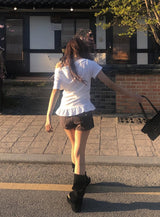 リビー フリル シャーリング オフショルダー ショートスリーブ Tシャツ