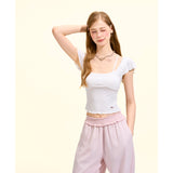 [GirlyFancyClub] Laisel knitted flutter sleeve top white slim fit sexy backless sweet and spicy T-shirt