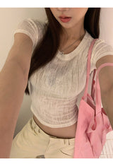 Back scarf bow see-through short sleeve T-shirt