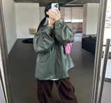 (UNISEX) LEATHER FAUX-LEATHER AUTUMN BOXY ルーズフィットフィールドジャケット – KHAKI