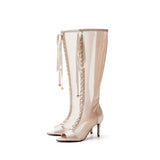 Satin See-Through Open Toe Boots Heel(Beige)