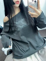 レタリングオフショルダーUネックロングスリーブTシャツ 🩶🤍🖤3カラー