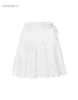 Double ribbon lace banding flare skirt white