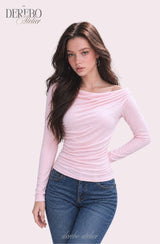 Flow lip shirring pink long-sleeve tee