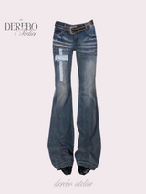 Cross-washed long semi-bootcut denim