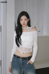 レースチョーカースカーフアンバランス長袖Tシャツ