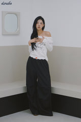 Lace lettering wide casual banding pants