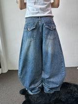 Truegen Button Waistband Side Pintuck Balloon Denim Pants 4color