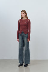 CUT OUT WRAP KNIT TOP - DEEP RED