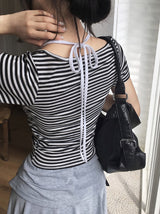 Isho Fake Layered Halter Stripe Button Short Sleeve T-shirt