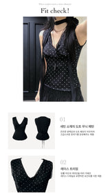 French Dot V-Neck Sleeveless Blouse