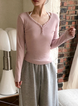 Unbalance Button Slim Rib T-shirt (5color)