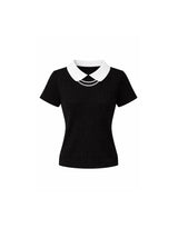 Elodie Pearl Collar Cable Short Sleeve Knit Top Black