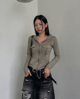 Caro Derring Strap Shirring Hooded Zip-Up