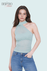 one-shoulder mint chiffon sleeveless top 