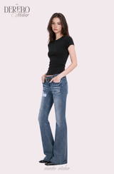 Cross-washed long semi-bootcut denim