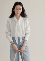 French ribbon tie V-neck blouse