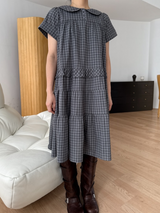 round collar check midi dress 
