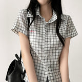 Peaky Pink Heart Embroidered Checkered Short-Sleeved Shirt