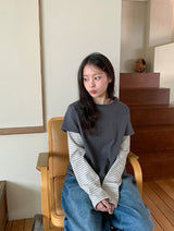 [BAONHAUS] Crein Stripe Color Matching Layered Long Sleeve Tee