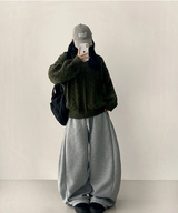 Terry Fleece side pin tuck incision string wide pants