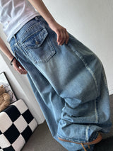 Truegen Button Waistband Side Pintuck Balloon Denim Pants 4color
