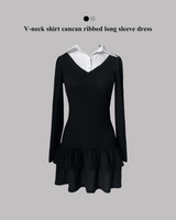 V-neck shirt cancan ribbed long sleeve dress (2 colors)