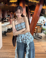 Revue check ruffle top