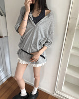 Karine linen oversized-fit henry neck off-shoulder short-sleeved T-shirt