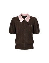 [PRE-FALL] Elodie Silk Collar Cable Knit Short Sleeve Cardigan Brown