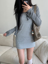 Light Hour ストライプノースリーブドレス & シルバーボタンカーディガン 2-piece Set (Gray)