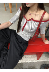 Red Line Stripe Off-Shoulder Top