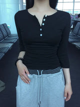 26FW★ [MADE] Fowor Henley Neck Button Slim Three Quarter T-Shirt