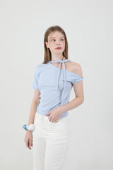 オフショルダーツイスト半袖Tシャツ Sky Blue