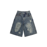 Salt Washed Damage Denim Half Pants - 2COLOR