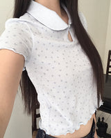 Soming Flower Round Collar Frill Short-Sleeved T-Shirt